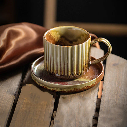 Mythstone Retro Striped Kiln Change Ceramic Coffee Mug Rough Pottery Tea Coffee Cup With Saucer 250ml