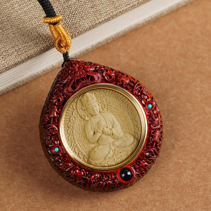 Mythstone Chinese Zodiac Avalokitesvara Small Leaf Red Sandalwood Ebony Longevity Necklace Pendant