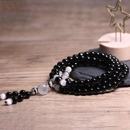 Mythstone Black Onyx White Crystal Bead Meditation Bracelet