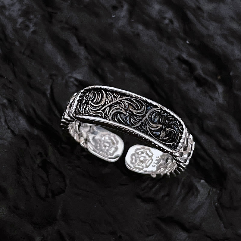 Mythstone Tang Dynasty Flower Design Engraved Copper Luck Cuff Bracelet Bangle Adjustable Ring