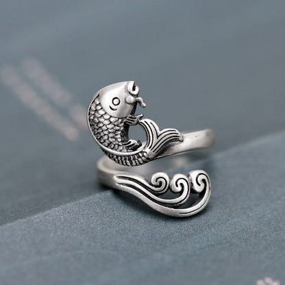 Mythstone 925 Sterling Silver Koi Fish Water Ripple Luck Wealth Ring