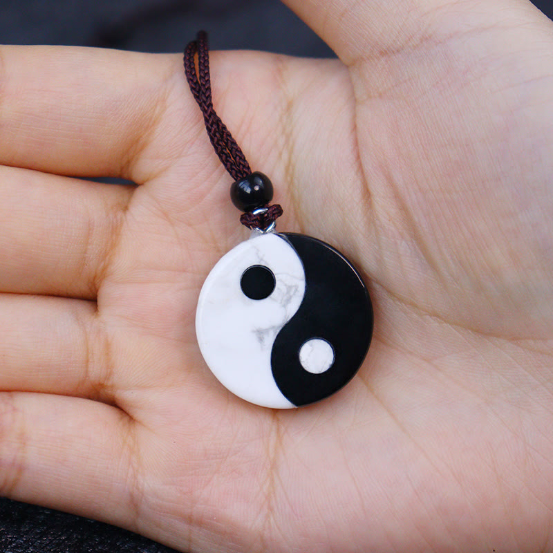 Mythstone Natural Black Obsidian White Turquoise Yin Yang Fulfilment Strength Necklace Pendant