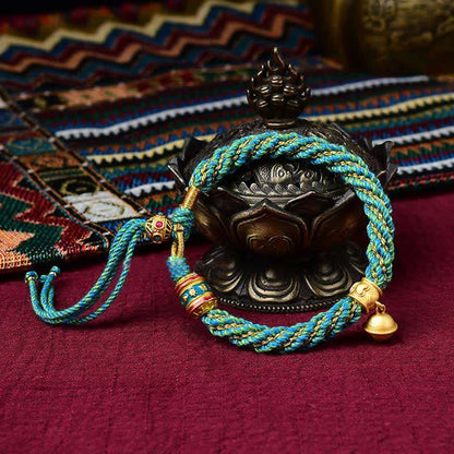 Mythstone Tibetan Handmade Luck Protection Thangka Prayer Wheel Bell Charm Braid String Bracelet