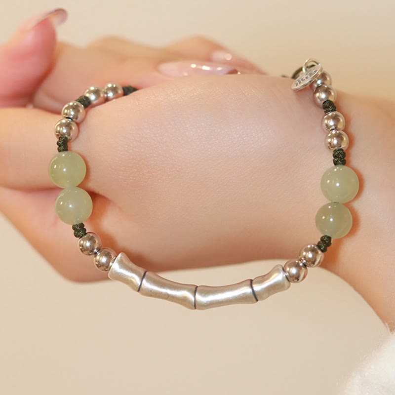 Pulsera de plata de ley 925 con jade natural y bambú y carácter Fu de Mythstone 