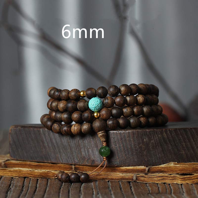 MythStone 108 Mala Beads Nha Trang Agarwood Turquoise Prayer Meditation Bracelet Mala