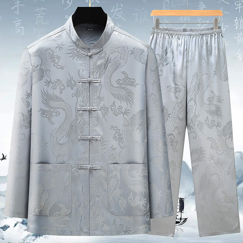 Mythstone Tang Suit Men Hanfu Chinese Dragon Traditional Clothes Kung Fu Shirt Uniform Long Sleeved Coat Tops and Pants Clothing Men's Set