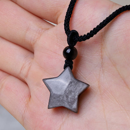 Collar con colgante de protección de luna creciente y estrella de obsidiana con brillo plateado natural Mythstone