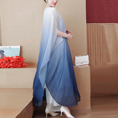 Mythstone Gradient Color Half Sleeve Chiffon Midi Dress Meditation Zen Practice