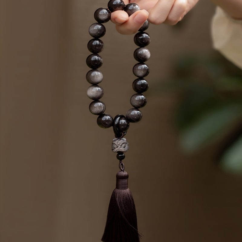 Mythstone Natural Silver Sheen Obsidian Black Obsidian Lion Wrist Mala Protection Tassels Pocket Mala Car Decoration