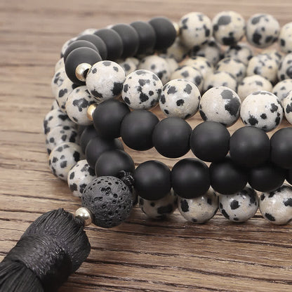 108 Mala Beads Zebra Jasper Frosted Stone Protection Tassel Bracelet