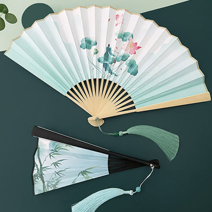 Mythstone Retro Lotus Flower Leaf Mountain Lake Handheld Folding Fan With Bamboo Frames