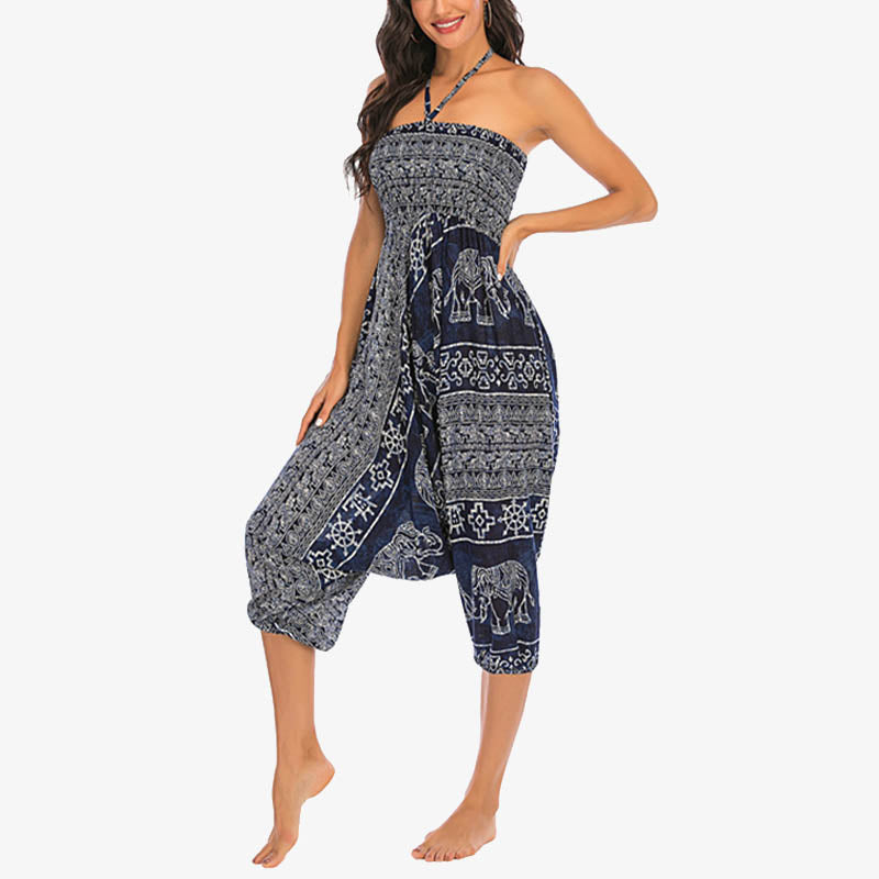 Mythstone Two Style Wear Elephant Pattern Loose Smocked Harem Trousers Jumpsuit Women's Yoga Pants