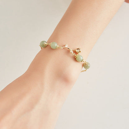 Mythstone 14K Gold Plated Hetian Jade Golden Rose Flower Luck Chain Bracelet