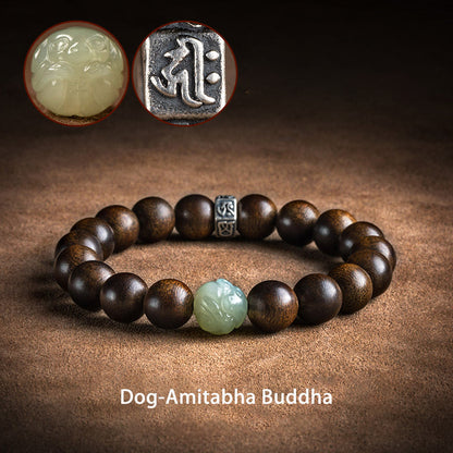 Pulsera de plata de ley 925 con jade de agar y buda de Kalimantan con el zodíaco chino Mythstone