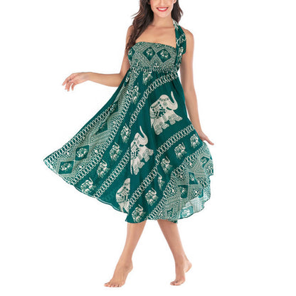 Mythstone Two Style Wear Bohemian Summer Elephant Lines Lace-up Skirt Dress