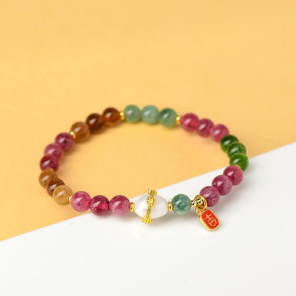 Mythstone Natural Multicolored Tourmaline Pearl Auspicious Character Charm Wisdom Bracelet