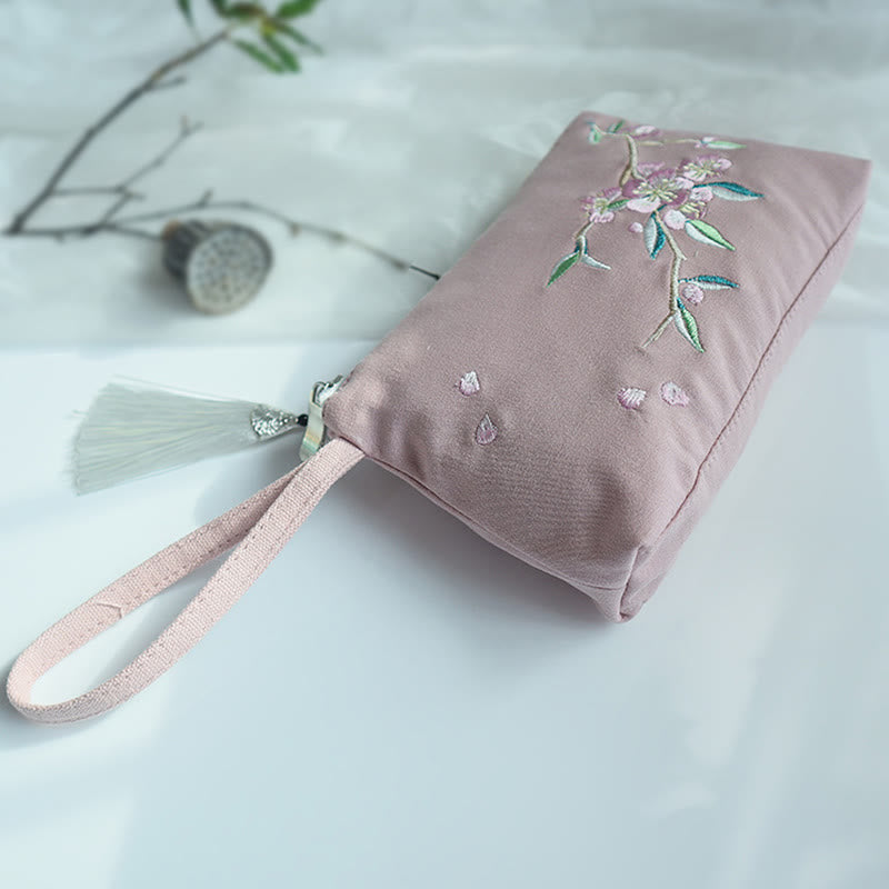 Mythstone Small Flower Plum Cherry Crane Peach Blossom Embroidery Canvas Wallet Shopping Purse