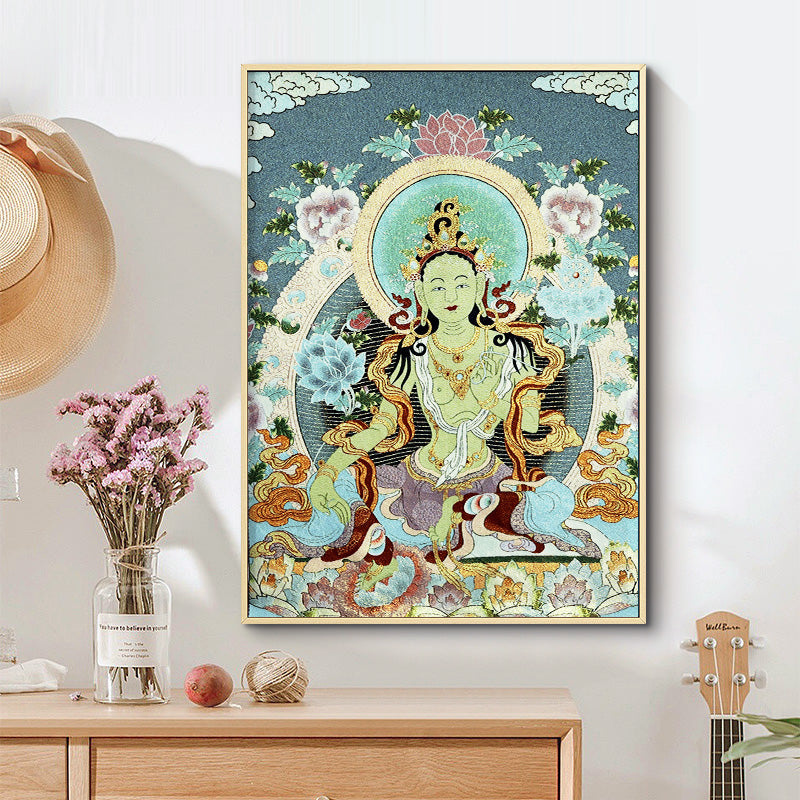 Mythstone Tibetan Silk Embroidery White Tara Thangka Tapestry Wall Hanging Wall Art Meditation for Home Decor