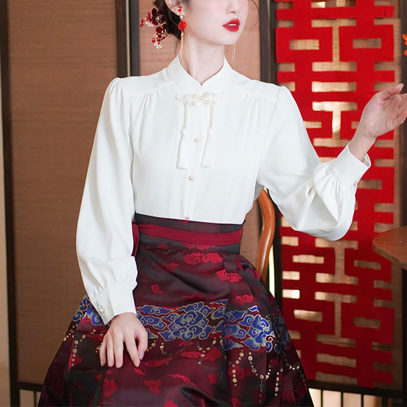 Mythstone Long Sleeve Shirt Top Chinese Hanfu Crane Blue Auspicious Clouds Horse Face Skirt Mamianqun