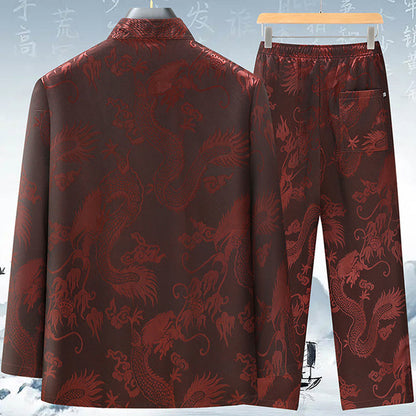 Mythstone Tang Suit Men Hanfu Chinese Dragon Traditional Clothes Kung Fu Shirt Uniform Long Sleeved Coat Tops and Pants Clothing Men's Set