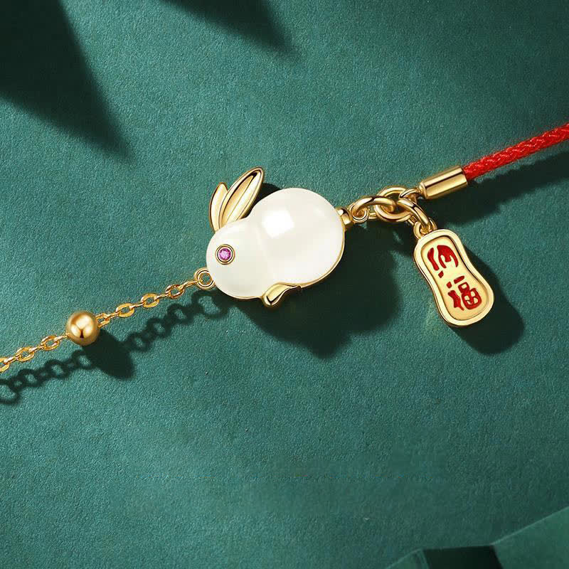 Mythstone Year of the Rabbit White Jade Happiness Red String Chain Bracelet