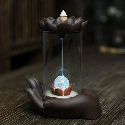 Mythstone Buddha Hand Lotus Enlightenment LED Light Purple Clay Ceramic Incense Burner Decoration