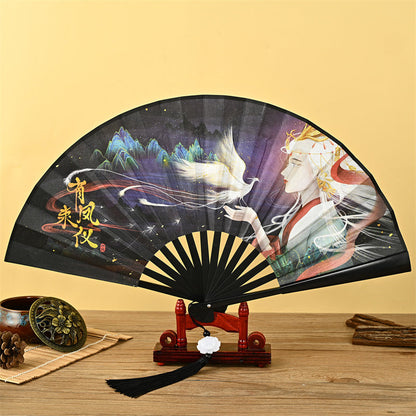 Mythstone Dragon Phoenix Tiger Crane Eagle Wolf Koi Fish Handheld Folding Fan Lotus Tassel Fan