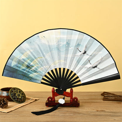 Mythstone Dragon Phoenix Tiger Crane Eagle Wolf Koi Fish Handheld Folding Fan Lotus Tassel Fan