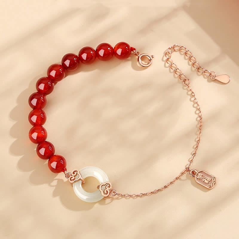 Mythstone 925 Sterling Silver Natural Red Agate White Jade Peace Buckle Confidence Bracelet