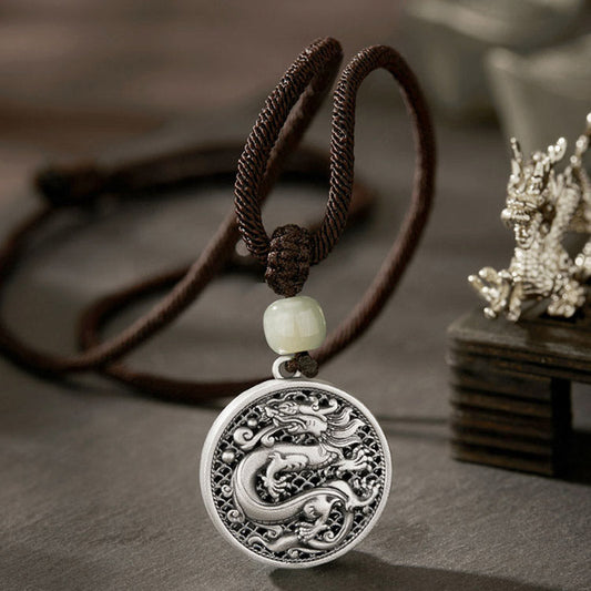 Mythstone 999 Sterling Silver Year of the Dragon Fu Character Hetian Jade Success Necklace Pendant