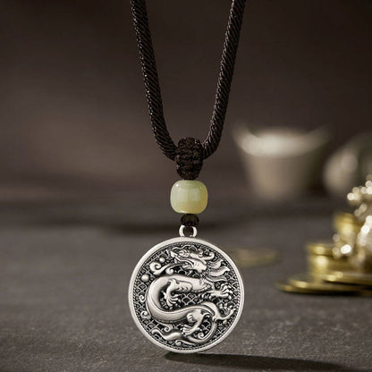 Mythstone 999 Sterling Silver Year of the Dragon Fu Character Hetian Jade Success Necklace Pendant