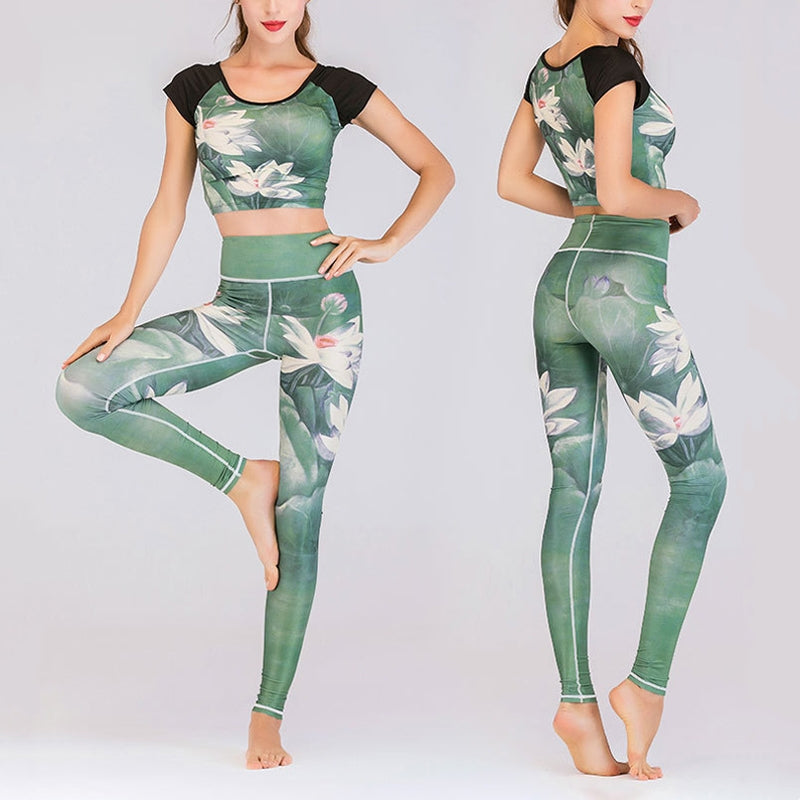 Mythstone 2Pcs Lotus Phoenix Spring Flowers Peacock Print Top Pants Sports Fitness Yoga Women's Yoga Sets