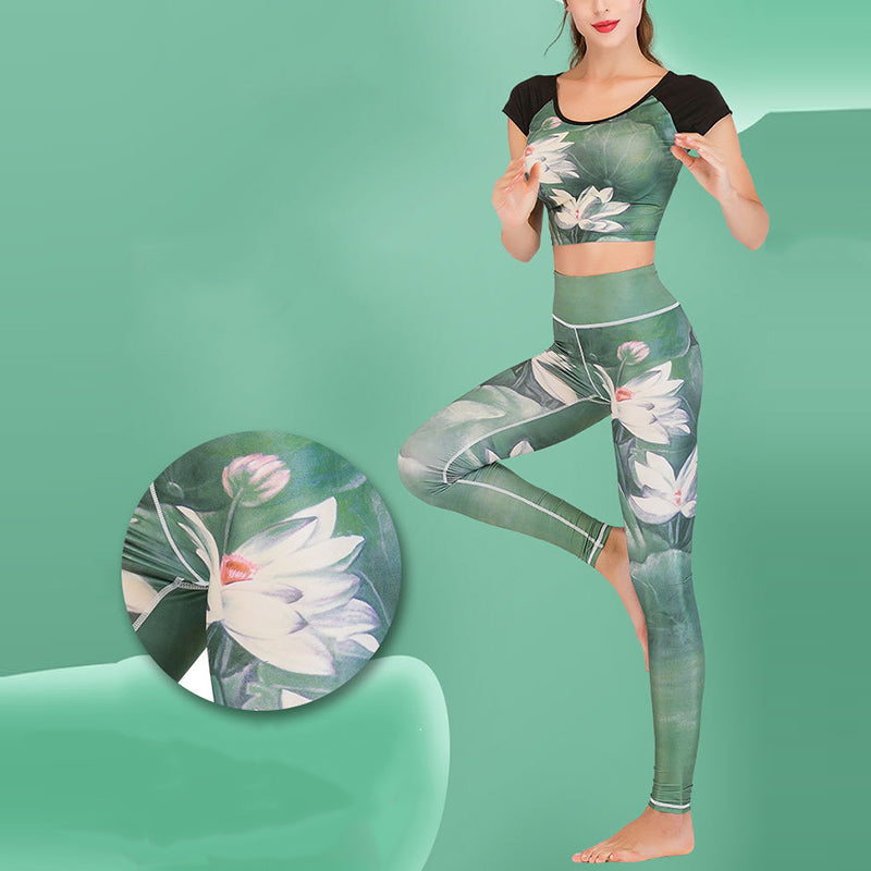 Mythstone 2Pcs Lotus Phoenix Spring Flowers Peacock Print Top Pants Sports Fitness Yoga Women's Yoga Sets