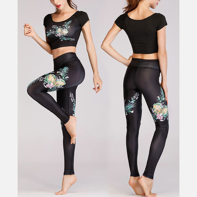 Mythstone 2Pcs Lotus Phoenix Spring Flowers Peacock Print Top Pants Sports Fitness Yoga Women's Yoga Sets