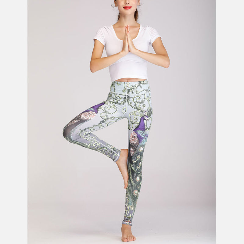 Mythstone 2Pcs Lotus Phoenix Spring Flowers Peacock Print Top Pants Sports Fitness Yoga Women's Yoga Sets