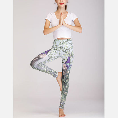 Mythstone 2Pcs Lotus Phoenix Spring Flowers Peacock Print Top Pants Sports Fitness Yoga Women's Yoga Sets