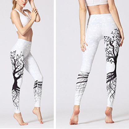 Mythstone Lines Weeds Sakura Flowers Black Tree Print Pants Sports Fitness Yoga Leggings Women's Yoga Pants