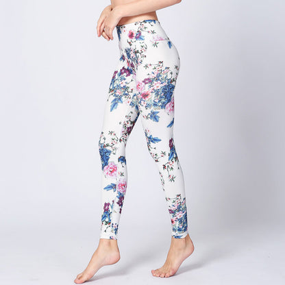 Mythstone Pink Flower White Colorful Ink White Print Leggings Sports Fitness Yoga Women's Pants