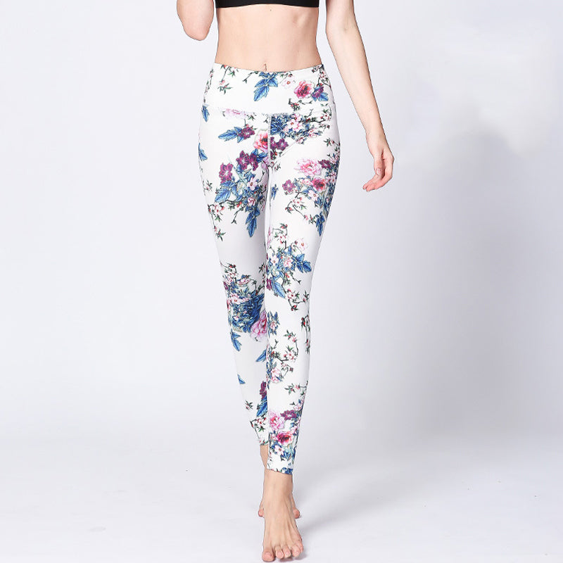 Mythstone Pink Flower White Colorful Ink White Print Leggings Sports Fitness Yoga Women's Pants