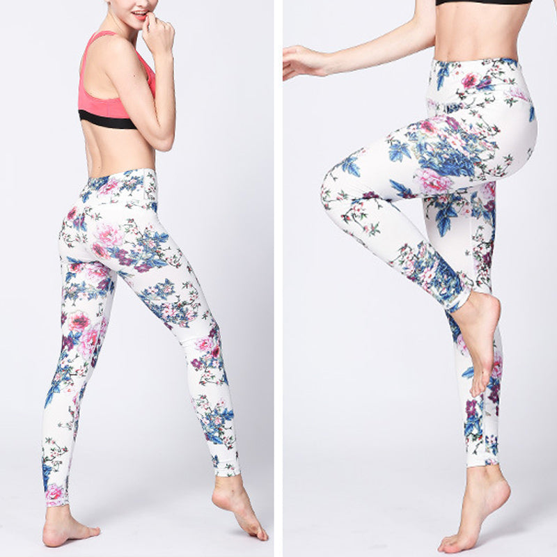 Mythstone Pink Flower White Colorful Ink White Print Leggings Sports Fitness Yoga Women's Pants