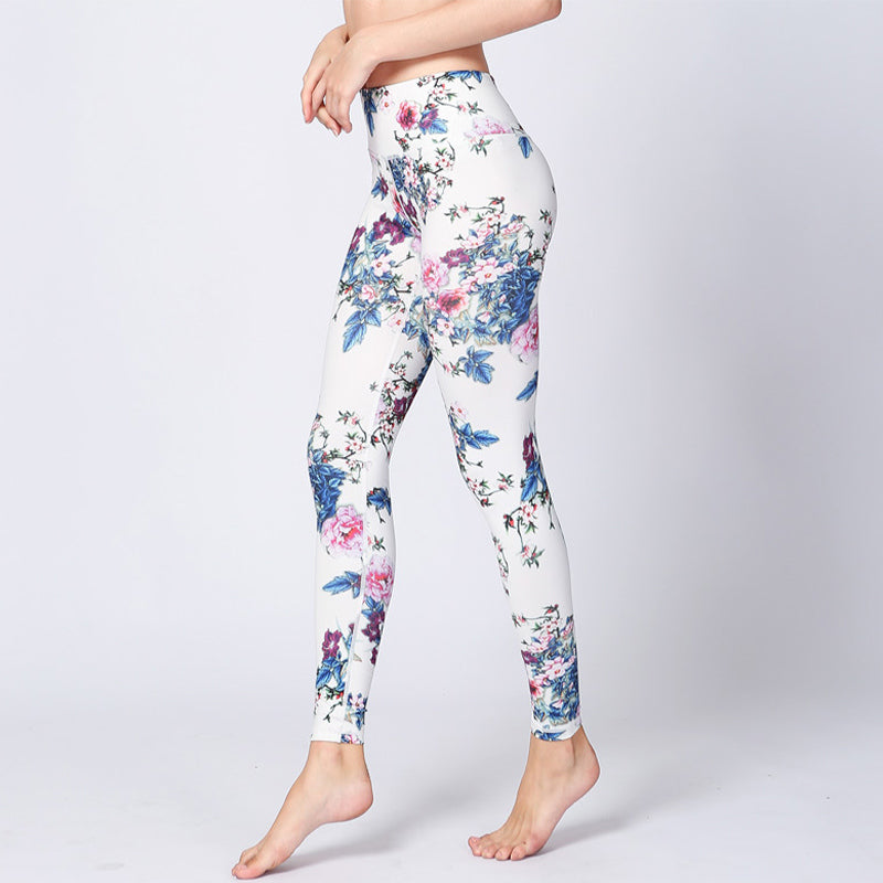 Mythstone Pink Flower White Colorful Ink White Print Leggings Sports Fitness Yoga Women's Pants