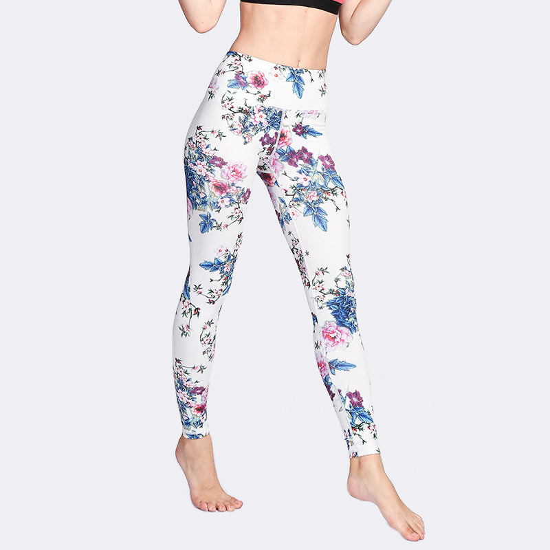 Mythstone Pink Flower White Colorful Ink White Print Leggings Sports Fitness Yoga Women's Pants