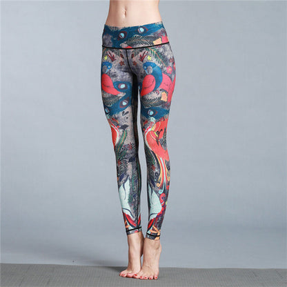 Mythstone Red Blue Peacock Feather Print Pants Sports Fitness Yoga Leggings Women's Yoga Pants