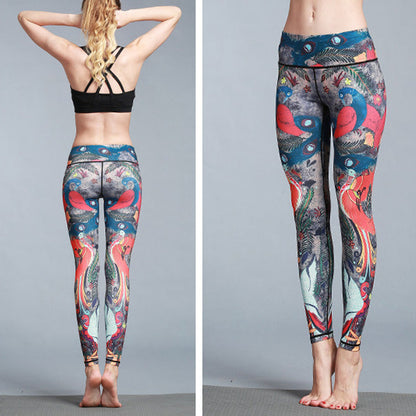 Mythstone Red Blue Peacock Feather Print Pants Sports Fitness Yoga Leggings Women's Yoga Pants