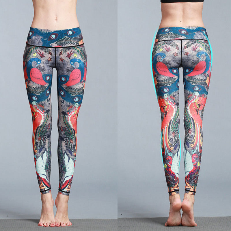 Mythstone Red Blue Peacock Feather Print Pants Sports Fitness Yoga Leggings Women's Yoga Pants