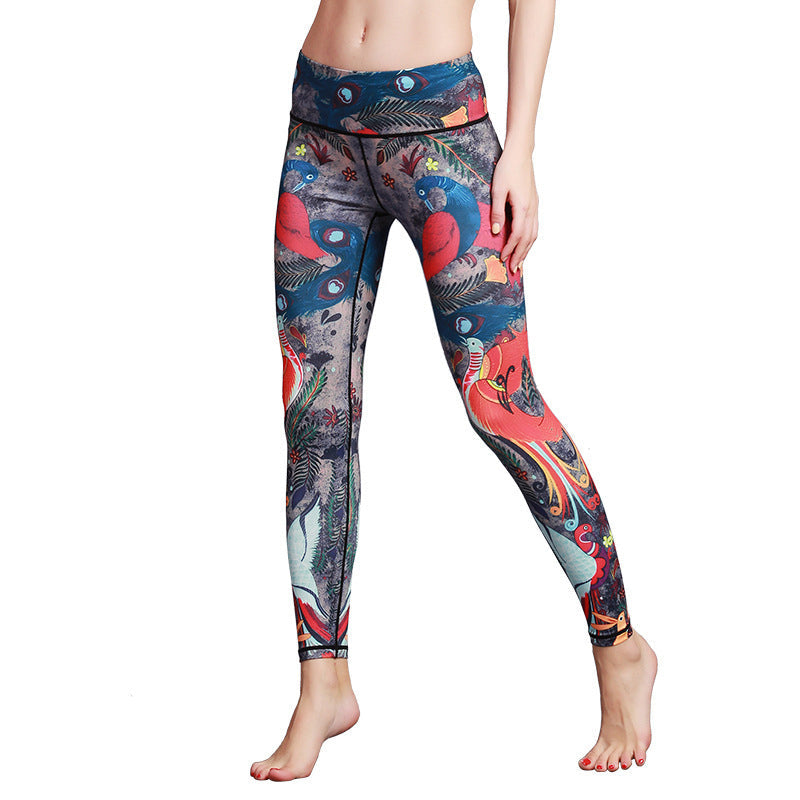 Mythstone Red Blue Peacock Feather Print Pants Sports Fitness Yoga Leggings Women's Yoga Pants