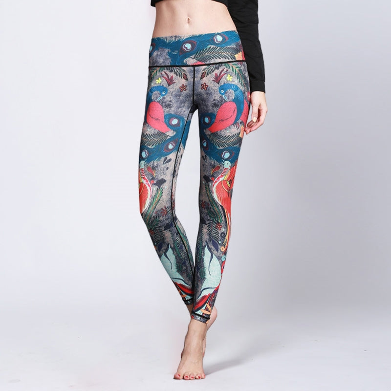 Mythstone Red Blue Peacock Feather Print Pants Sports Fitness Yoga Leggings Women's Yoga Pants