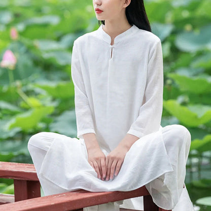 Mythstone 2Pcs White Tai Chi Meditation Yoga Zen Cotton Linen Clothing Top Pants Women's Set