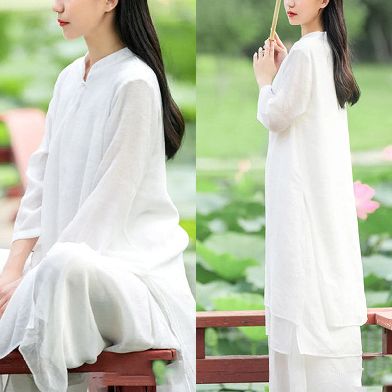 Mythstone 2Pcs White Tai Chi Meditation Yoga Zen Cotton Linen Clothing Top Pants Women's Set