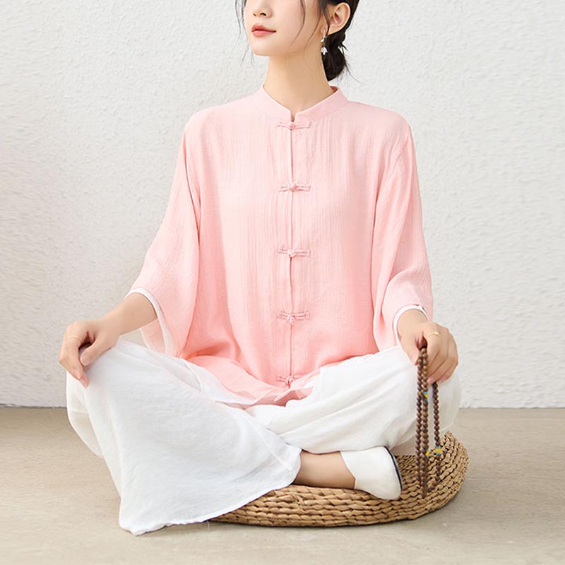 Mythstone 2Pcs Simple Chinese Frog Button Design Top Pants Meditation Yoga Zen Tai Chi Cotton Clothing Women's Set